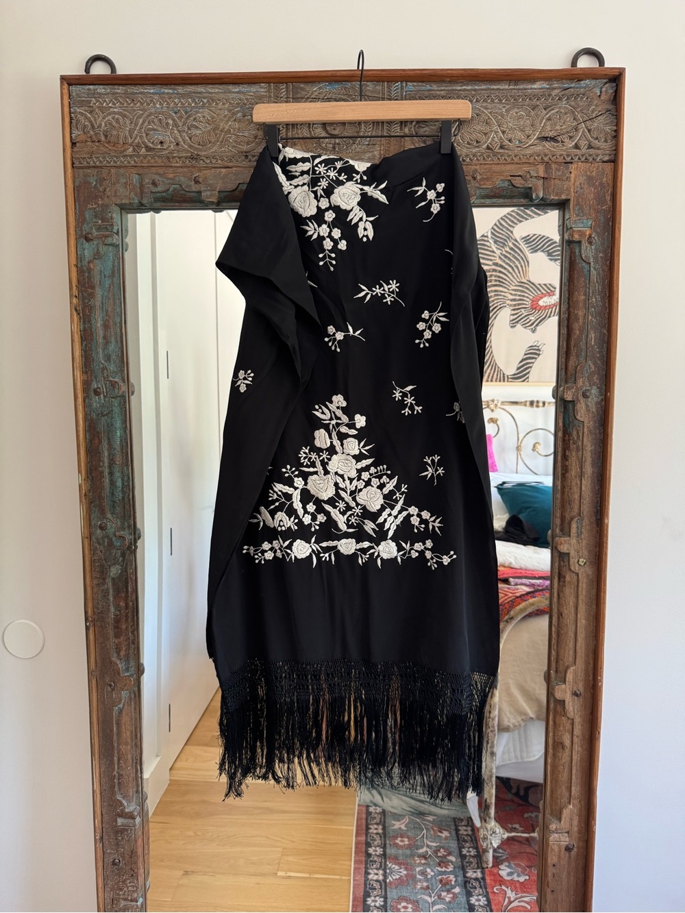 Vintage Black Piano Shawl | Hand Embroidered Floral | Long Fringe | 26” x 70